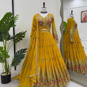 Yellow Embroidered Lehenga Choli Set: Sequin Dupatta, Indian Wedding Outfit