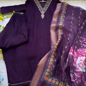 Handcrafted Roman Silk Kurti Set for Women - 3 Piece Suit with Dupatta | Hand Embroidered Ethnic Outfit | Partywear Kurti Pant Set