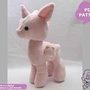 May include: A pink plush unicorn sewing pattern in PDF format. The pattern includes instructions for making a unicorn with wings. The pattern is available for download.