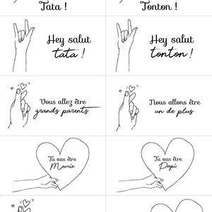 May include: A set of printable cards with hand drawn illustrations of hands making gestures. The cards feature text in French, such as "Tu vas &ecirc;tre Tata!" and "On va se marier!"