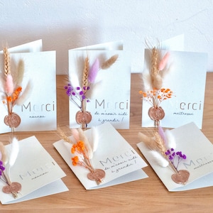 Carte MERCI  maîtresse / nounou / de m'aider à grandir - carte fleuri - fleurs séchées - cadeau fin d'année - cadeau maîtresse
