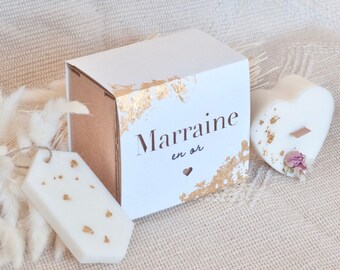 Cadeau Marraine - Demande Marraine - Merci Marraine - Marraine en or I Bougie à Mèche en bois  & Suspension parfumée parfum figue