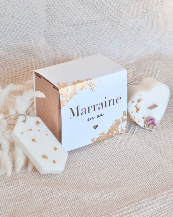 Cadeau Marraine - Demande Marraine - Merci Marraine - Marraine en or I Bougie à Mèche en bois  & Suspension parfumée parfum figue