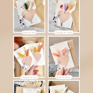 May include: Five different card designs with a heart shape and dried flowers. The cards are all white with black text that says 'Bonne Fête' and the colors of the flowers are listed below each card. The cards are: rose and green, orange and violet, orange and rose, rose and white, terracotta and beige, and beige and white.