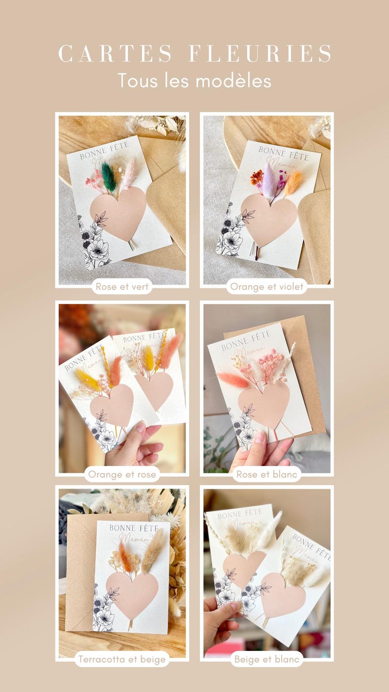 May include: Five different card designs with a heart shape and dried flowers. The cards are all white with black text that says 'Bonne Fête' and the colors of the flowers are listed below each card. The cards are: rose and green, orange and violet, orange and rose, rose and white, terracotta and beige, and beige and white.
