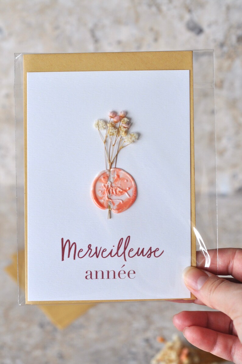 Floral greeting card - white and pink dried flower card & pink and white marbled seal image 3