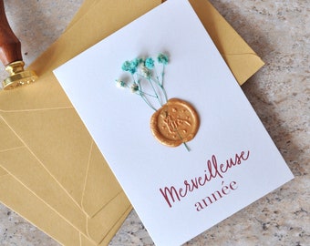 Floral greeting card - blue dried flower card & bronze seal