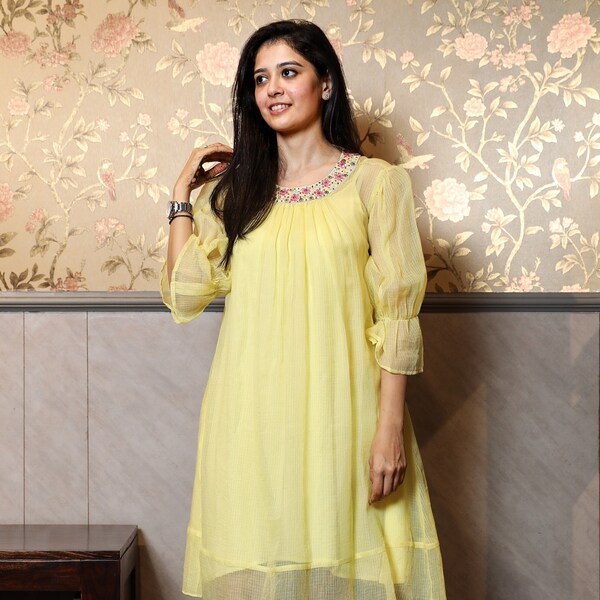 Yellow Indo-Western Embroidered Chinon Jumpsuit
