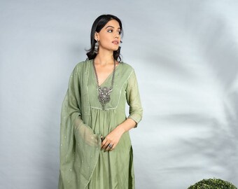 Green Indian Woman Wear Salwar Kameez Plazzo Suits Designer Pakistani Wedding Wear Satin Silk Embroidery Work Salwar Plazzo Dupatta Suit Set