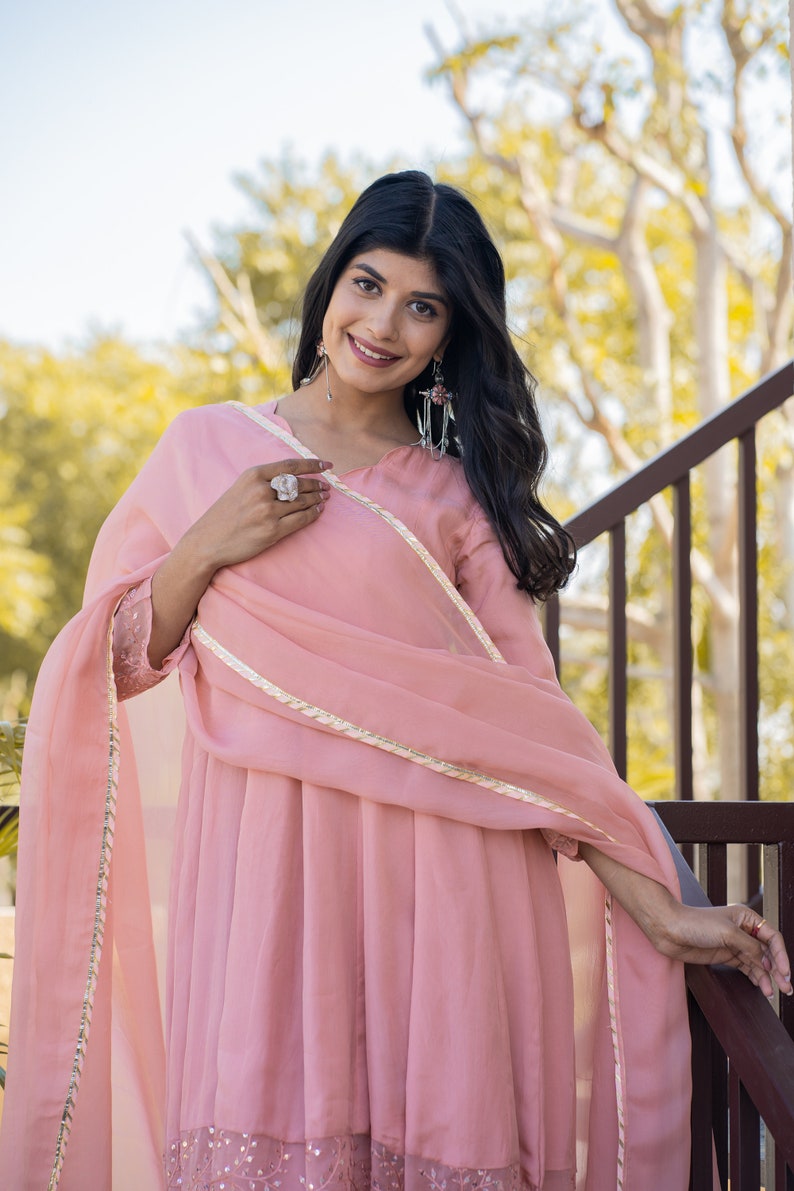 Light Pink Indian Woman Wear Salwar Kameez Plazzo Suits Designer Pakistani Wedding Wear Silver Embroidery Worked Heavy Plazzo Dupatta Suits image 3