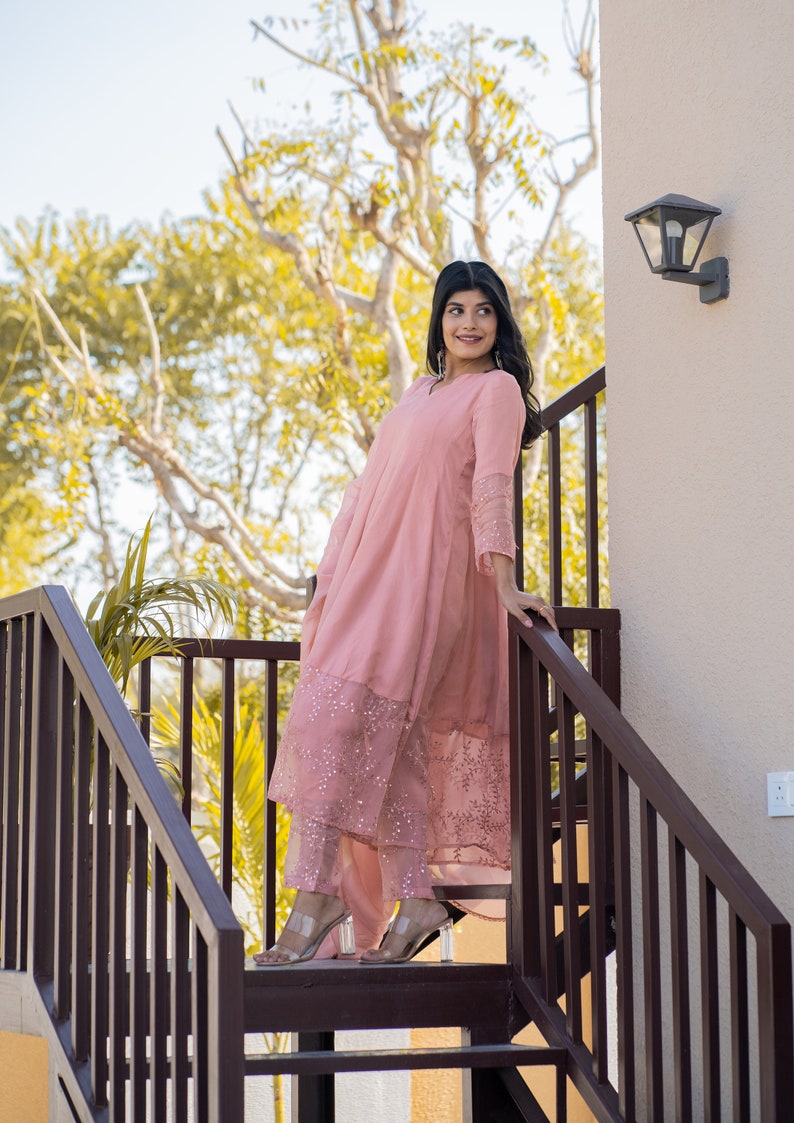 Light Pink Indian Woman Wear Salwar Kameez Plazzo Suits Designer Pakistani Wedding Wear Silver Embroidery Worked Heavy Plazzo Dupatta Suits image 2