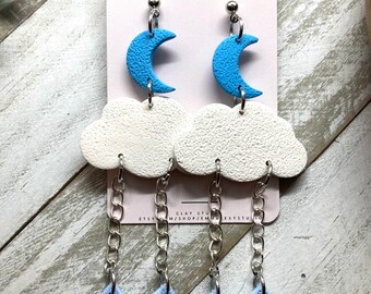 Clay Earrings / POLYMER CLAY earrings / Cloud & raindrop earrings/ handmade / lightweight / statement earrings / sale / Dainty earrings