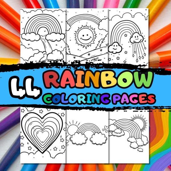 44 RAINBOW coloring pages / birthday giftful/birthday coloring/birthday party coloring pages/ coloring book pages pdf/rainbow colored paper