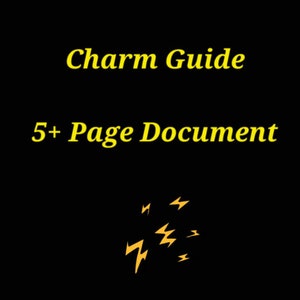 Könnte beinhalten: Eine gelbe Textgrafik auf schwarzem Hintergrund mit dem Text "Charm Guide 5+ Page Document" und gelben Blitzen unter dem Text.