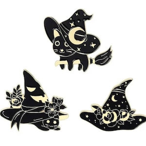 ENAMEL PINS!! Various Black CAT & Witch Themed Enamel Pins (alloy metal)