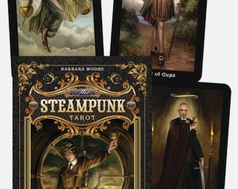 May include: The Steampunk Tarot deck features a black background with gold accents. The card shows a woman in a brown and gold outfit holding a chalice. The card title is "The Magician" and the deck title is "The Steampunk Tarot".