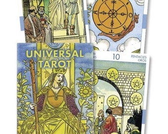 May include: A Universal Tarot deck featuring colorful illustrations. The deck includes cards with images of figures, symbols, and text. The cards are in English, Spanish, and Italian. The deck includes a card with the text "UNIVERSAL TAROT".