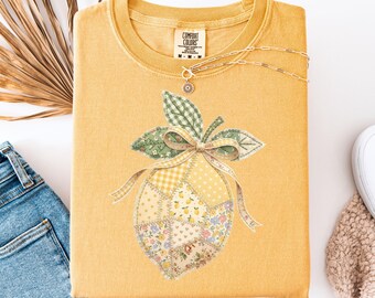 Comfort Colors® Lemon Floral Faux Patchwork Shirt, Flower Tee, Lemon Tshirts, Summer Crewneck, Cotton Summer Shirts, Floral Graphic Tees