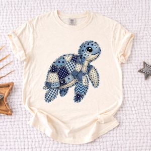 Faux Patchwork Blue Sea Turtle T-Shirt Comfort Colors Boho Ocean Lover Gift Blue Denim Style Animal Shirt Coastal Cottagecore Aesthetic Tee