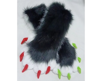 May include: A pair of black and white furry paws with red and green claws. The paws are made of soft, plush fabric and are perfect for adding a touch of whimsy to any costume or craft project.