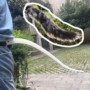 May include: A long, flexible, white plastic tail attachment connected to a belt, featuring a separate, detachable, fluffy faux fur tail cover with a black and white gradient pattern that is highlighted by a white outline in the image.