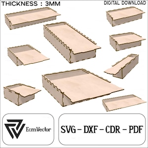 Boxes with slide lid , Storage Boxes 9 Different Slider Size , Stl, Svg , Dxf Laser Cut File Glowforge, for 3 mm Material