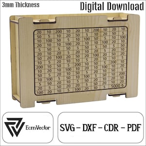 Può includere: Una scatola di legno con una griglia di numeri stampata sul davanti. La scatola è spessa 3 mm ed è disponibile come download digitale nei formati SVG, DXF, CDR e PDF. Il testo "Download digitale" è stampato sopra la scatola e "EcmVector" è stampato sotto la scatola.