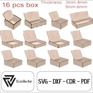 May include: A set of 16 unfinished wooden boxes with lids. The boxes are available in four different thicknesses: 3mm, 4mm, 5mm, and 6mm. The image also includes the text "16 pcs box", "Thickness 3mm,4mm 5mm,6mm", "EcmVector", and "SVG-DXF-CDR-PDF".