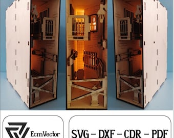 May include: A wooden model of a small building with a balcony and a street lamp. The model is made of laser-cut wood and is designed to be assembled. The model is lit from inside, creating a warm glow. The model is perfect for adding a touch of whimsy to any home decor. SVG - DXF - CDR - PDF