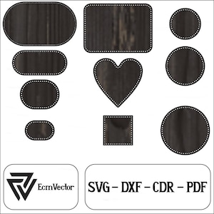 Op de afbeelding: Een set van negen zwarte en witte houtnerf SVG-snijbestanden, waaronder hart-, vierkant-, cirkel- en ovaalvormen. De tekst "SVG - DXF - CDR - PDF" wordt weergegeven op een witte achtergrond.