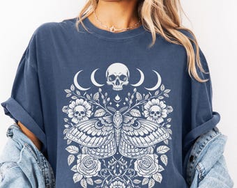 Moth Skull Moon Phases Shirt, Gothic Floral Tee, Dark Academia Witchy Clothing, Skull Rose Tshirt, Celestial Moth Gift, Comfort Colors Tee
