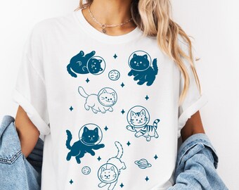 Comfort Colors Cats in Space T-Shirt, Retro Astronaut Cat Graphic Tee
