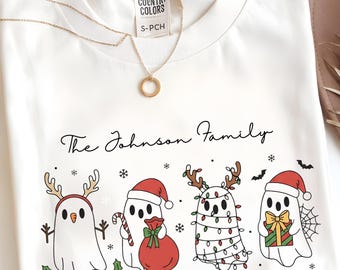 Custom Ghost Family Christmas  Comfort Colors®Shirt, Personalized Names Spooky Holiday Tee, Cute Ghost Crew Shirt, Funny Christmas Gift