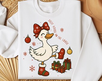 Festive Goose on the Loose Christmas Funny Goose Holiday Tee Cute Xmas Duck Graphic Top, Silly Goose Gift For Her Funny Christmas Goose Gift