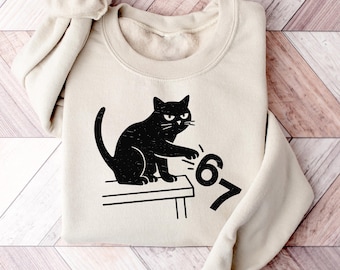Six Seven SweatShirt, Funny 6 7 Meme Tee, Cat Knocking Off 67 sweater, Funny Cat Shirt, Funny Cat 6 7 Shirt