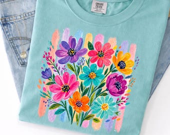 Trendy Boho Floral T-Shirt, Comfort Colors Shirt, Flower Graphic Tshirt, Cute Spring Garden Botanical Top, Summer Gift for Her, Women's Tee