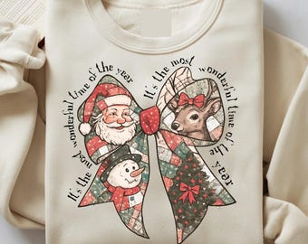 Coquette Bow Christmas Sweatshirt, Vintage Santa Reindeer Snowman Crewneck, Retro Holiday Sweater Gift, Most Wonderful Time Women