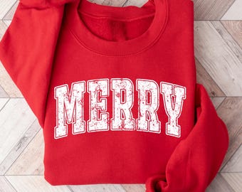 Retro Merry Sweatshirt : Womens Christmas Shirt, Festive Holiday Sweater, Cute Christmas Gift