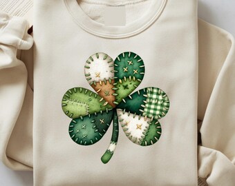 Patchwork Shamrock Sweatshirt, St Patricks Day Shirt, Quilted Clover Tee, Irish Lucky Shamrock, Vintage St Pattys Day Gift, Celtic Green Top