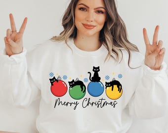 Black Cat Christmas Sweatshirt, Merry Christmas Shirt, Funny Cat Lover Gift, Holiday Crewneck, Xmas Ornament Tshirt, Winter Sweater