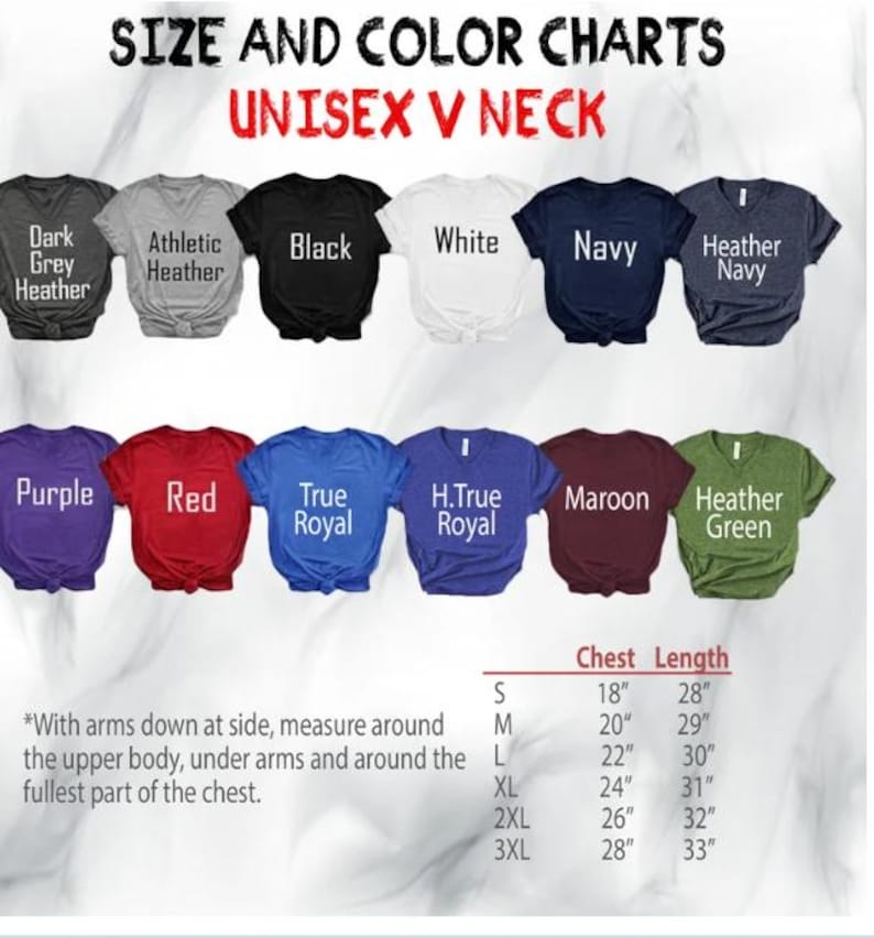 Puede incluir: Una tabla de colores para camisetas unisex con cuello en V, que muestra varios colores como negro, blanco, azul marino y gris jaspeado. La tabla incluye una gu&iacute;a de tallas con medidas de pecho y largo en pulgadas.