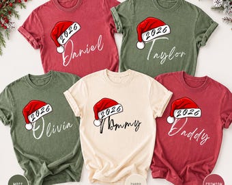 Personalized Christmas Shirt, Custom Name Comfort Colors Tee, Matching Family Christmas Shirts, Santa Hat Shirt, Mommy Daddy Xmas Gift