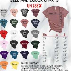 Puede incluir: Una tabla de tallas y colores para camisetas unisex, con varios colores como rojo, negro y azul marino. La tabla incluye medidas de pecho y largo de cuerpo en cm, desde XS hasta 4XL. Tambi&eacute;n se proporcionan instrucciones de cuidado.