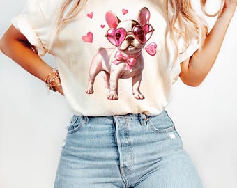 French Bulldog Valentines Day Sweatshirt, Frenchie Valentine Shirt, Cute Dog Heart Glasses Tee, Bulldog Lover Gift, Pink Hearts Puppy Top