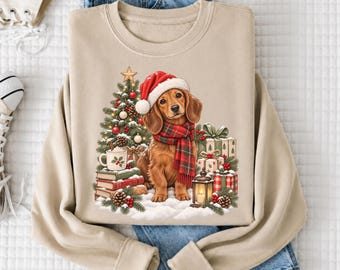 Dachshund Christmas Sweatshirt, Doxie Santa Hat Crewneck, Wiener Dog Xmas Sweater, Dachshund Mom Gift, Holiday Dog Shirt, Comfort Colors Tee