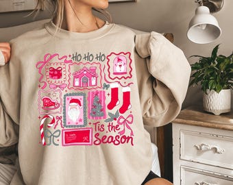 Pink Christmas Sweatshirt Tis The Season, Cute Girly Holiday Sweater, Candy Cane Bow Santa Shirt, Womens Xmas Crewneck, Winter Pullover Gift