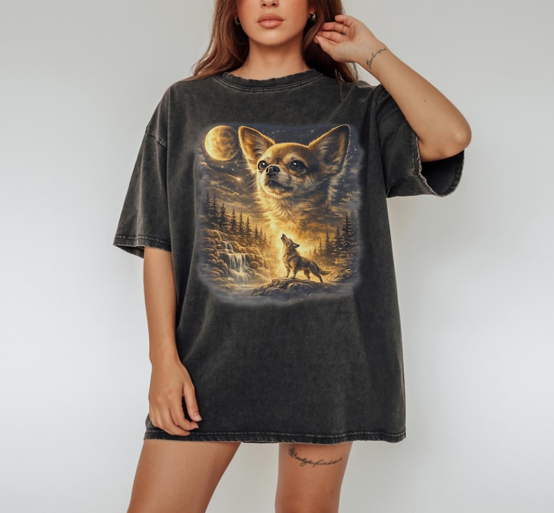 Chihuahua Howling to The Moon Vintage T-Shirt, 90s Retro Animal Graphic Tee, Chihuahua Mom Gift, Full Moon Animals Tee, Silly Dog Shirt image 1