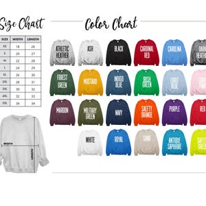 Puede incluir: Una tabla de tallas y colores para sudaderas. La tabla muestra las tallas XS a 5XL con medidas de ancho y largo en cent&iacute;metros. Las opciones de color incluyen Athletic Heather, Black, Cardinal Red y m&aacute;s.