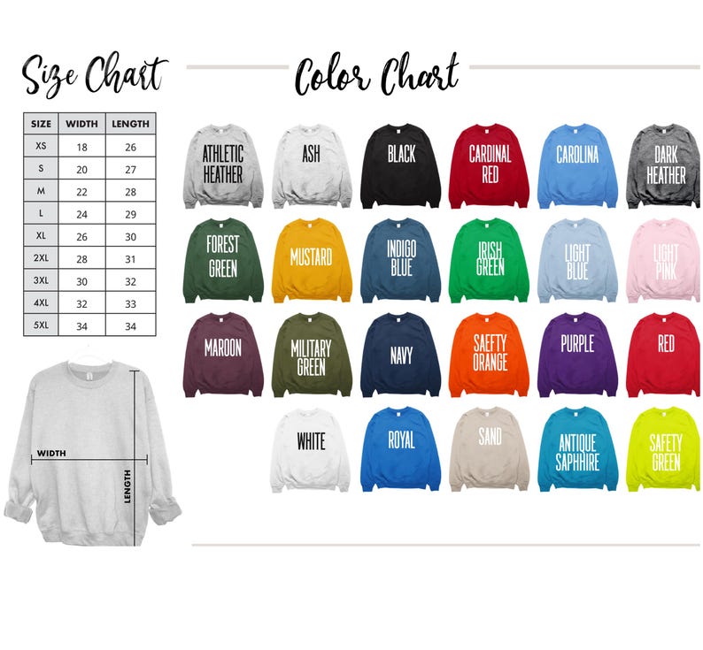 Puede incluir: Una tabla de tallas y colores para sudaderas. La tabla muestra las tallas XS a 5XL con medidas de ancho y largo en cent&iacute;metros. Las opciones de color incluyen Athletic Heather, Black, Cardinal Red y m&aacute;s.