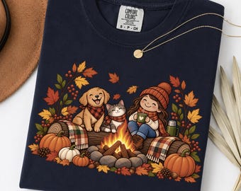 Fall Camping Sweatshirt, Cozy Campfire Crewneck, Dog and Cat Fall Sweater, Autumn Pumpkin Shirt, Fall Gift for Her, Comfort Colors shirt